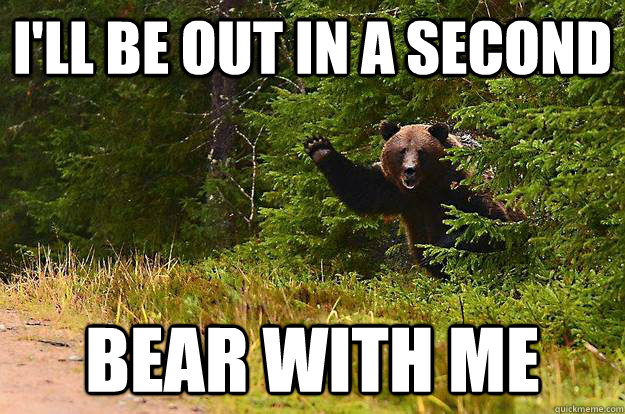 I'll be out in a second bear with me - I'll be out in a second bear with me  waving bear