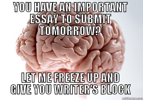 YOU HAVE AN IMPORTANT ESSAY TO SUBMIT TOMORROW? LET ME FREEZE UP AND GIVE YOU WRITER'S BLOCK Scumbag Brain