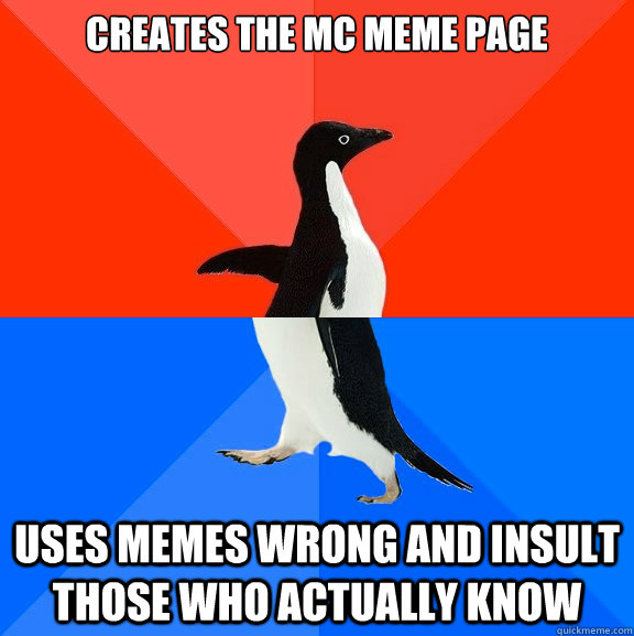 Creates the MC meme page uses memes wrong and insult those who actually know  Socially Awesome Awkward Penguin