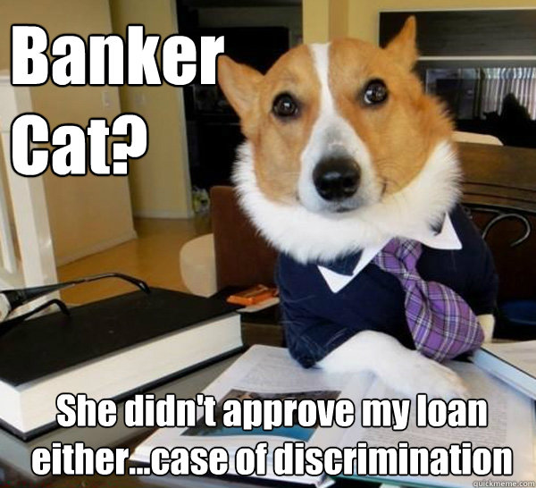 Banker Cat? She didn't approve my loan either...case of discrimination  Lawyer Dog