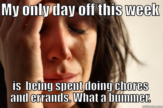 MY ONLY DAY OFF THIS WEEK  IS  BEING SPENT DOING CHORES AND ERRANDS. WHAT A BUMMER. First World Problems