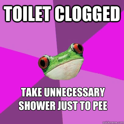 Toilet clogged Take unnecessary shower just to pee  Foul Bachelorette Frog