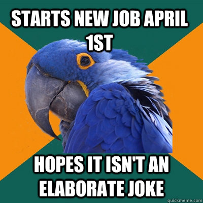 Starts new job April 1st Hopes it isn't an elaborate joke  Paranoid Parrot