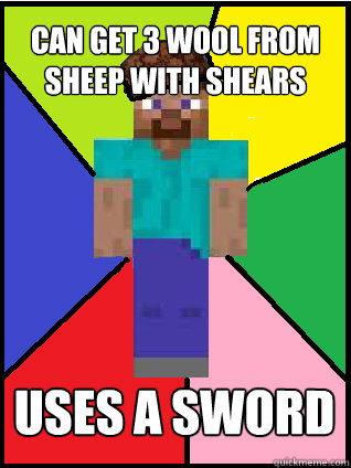 Can get 3 wool from sheep with shears Uses a sword  