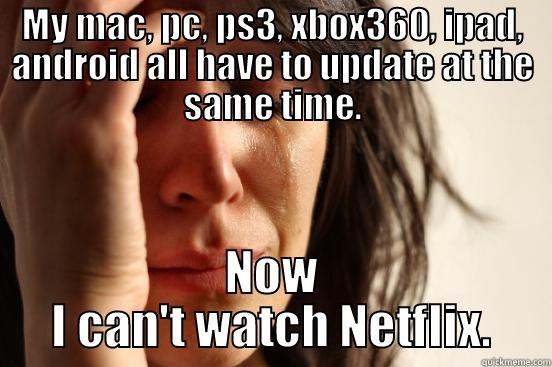 MY MAC, PC, PS3, XBOX360, IPAD, ANDROID ALL HAVE TO UPDATE AT THE SAME TIME. NOW I CAN'T WATCH NETFLIX. First World Problems