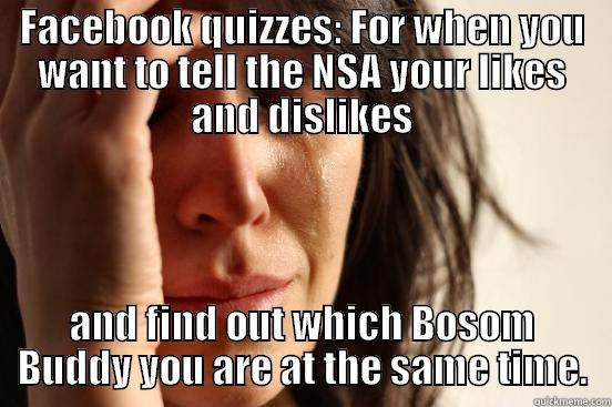 FACEBOOK QUIZZES: FOR WHEN YOU WANT TO TELL THE NSA YOUR LIKES AND DISLIKES AND FIND OUT WHICH BOSOM BUDDY YOU ARE AT THE SAME TIME. First World Problems