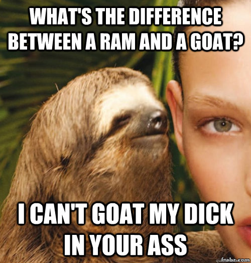 What's the difference between a ram and a goat? I can't goat my dick in your ass  rape sloth