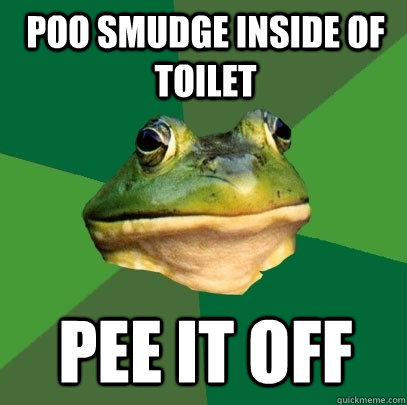 Poo smudge inside of toilet Pee it off  Foul Bachelor Frog