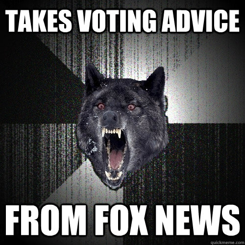 Takes voting advice from fox news  Insanity Wolf