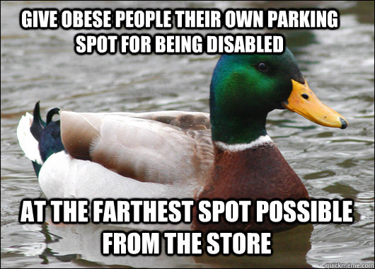 Give obese people their own parking spot for being disabled at the farthest spot possible from the store  Actual Advice Mallard