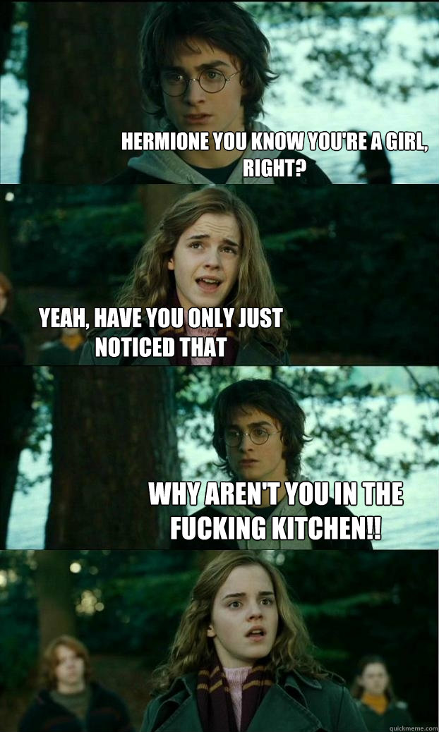 hermione you know you're a girl, right? yeah, have you only just noticed that why aren't you in the fucking kitchen!! - hermione you know you're a girl, right? yeah, have you only just noticed that why aren't you in the fucking kitchen!!  Horny Harry
