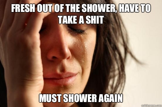 Fresh out of the shower, have to take a shit Must shower again  First World Problems