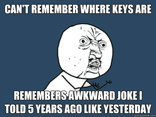 Can't remember where keys are Remembers awkward joke I told 5 years ago like yesterday  Y U No