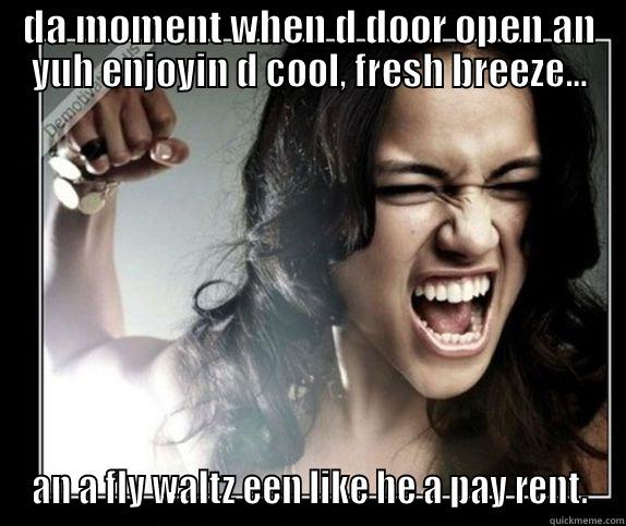 DA MOMENT WHEN D DOOR OPEN AN YUH ENJOYIN D COOL, FRESH BREEZE... AN A FLY WALTZ EEN LIKE HE A PAY RENT. Misc