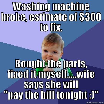 WASHING MACHINE BROKE, ESTIMATE OF $300 TO FIX. BOUGHT THE PARTS, FIXED IT MYSELF.....WIFE SAYS SHE WILL 