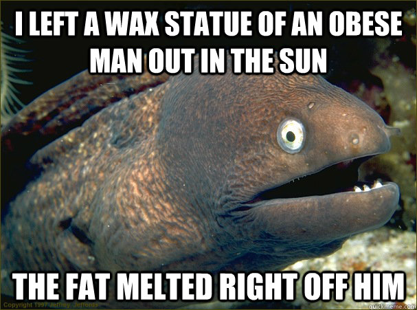 i left a wax statue of an obese man out in the sun the fat melted right off him  Bad Joke Eel