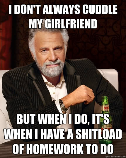 I don't always cuddle my girlfriend But when I do, it's when i have a shitload of homework to do  The Most Interesting Man In The World