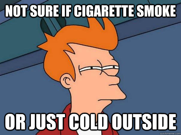 Not sure if cigarette smoke or just cold outside  Futurama Fry
