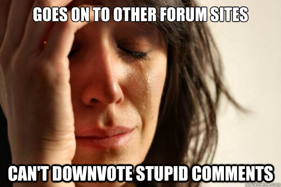 Goes on to other forum sites Can't downvote stupid comments  First World Problems