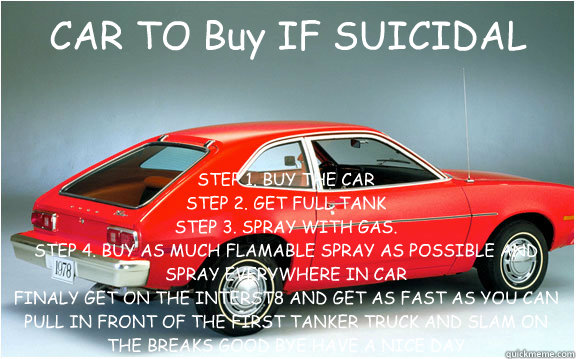 CAR TO Buy IF SUICIDAL STEP 1. BUY THE CAR 
STEP 2. GET FULL TANK
STEP 3. SPRAY WITH GAS.
STEP 4. BUY AS MUCH FLAMABLE SPRAY AS POSSIBLE AND SPRAY EVERYWHERE IN CAR 
FINALY GET ON THE INTERST8 AND GET AS FAST AS YOU CAN PULL IN FRONT OF THE FIRST TANKER T  