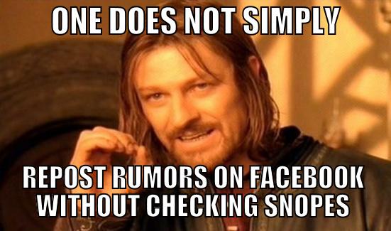         ONE DOES NOT SIMPLY         REPOST RUMORS ON FACEBOOK WITHOUT CHECKING SNOPES Boromir