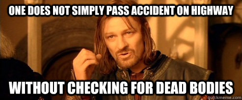 One does not simply pass accident on highway without checking for dead bodies  One Does Not Simpl