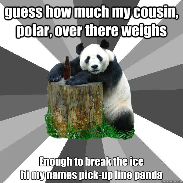 guess how much my cousin, polar, over there weighs Enough to break the ice
hi my names pick-up line panda  Pickup-Line Panda
