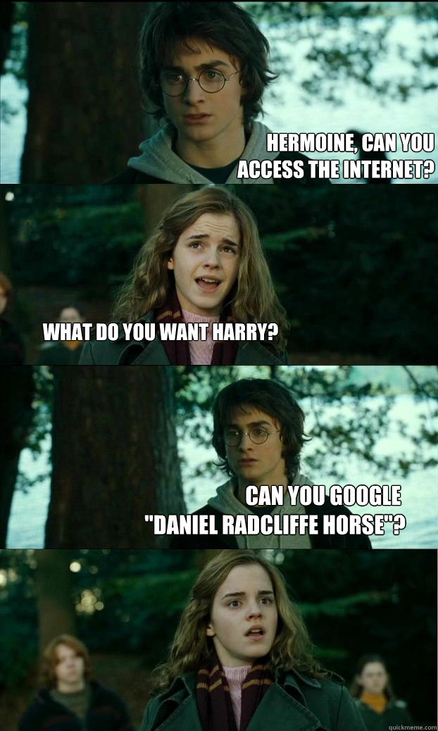                       hermoine, can you access the internet? what do you want harry?                        can you google 
