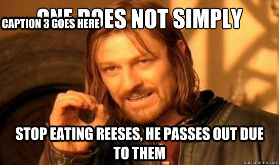 One Does Not Simply stop eating reeses, he passes out due to them Caption 3 goes here  Boromir