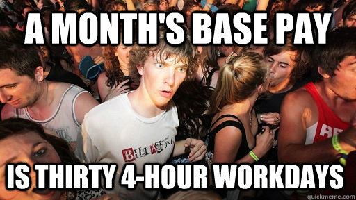 A month's Base pay is thirty 4-hour workdays  Sudden Clarity Clarence