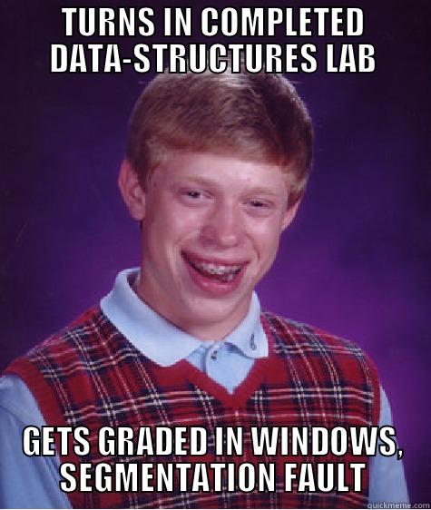TURNS IN COMPLETED DATA-STRUCTURES LAB GETS GRADED IN WINDOWS, SEGMENTATION FAULT Bad Luck Brian