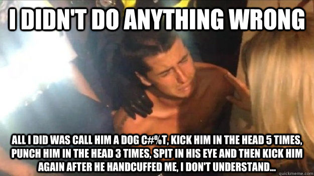 I didn't do anything wrong All I did was call him a dog c#%t, kick him in the head 5 times, punch him in the head 3 times, spit in his eye and then kick him again after he handcuffed me, I don't understand...  police brutality