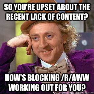so you're upset about the recent lack of content? how's blocking /r/aww working out for you?  Condescending Wonka