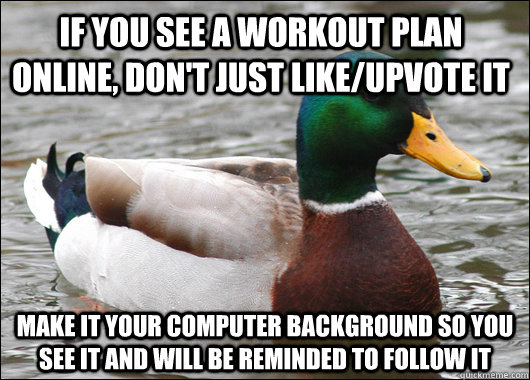 If you see a workout plan online, don't just like/upvote it Make it your computer background so you see it and will be reminded to follow it  Actual Advice Mallard