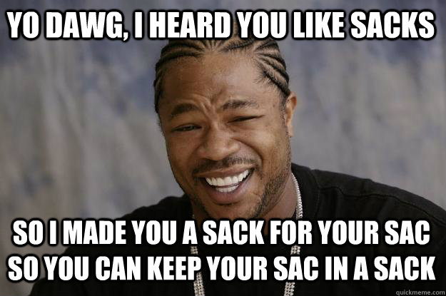 Yo dawg, I heard you like sacks So I made you a sack for your sac so you can keep your sac in a sack  Xzibit meme