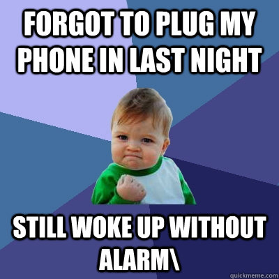 forgot to plug my phone in last night Still woke up without alarm\ - forgot to plug my phone in last night Still woke up without alarm\  Success Kid