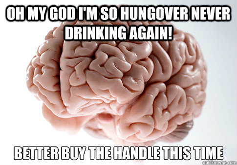 Oh my god I'm so hungover never drinking again! better buy the handle this time   Scumbag Brain