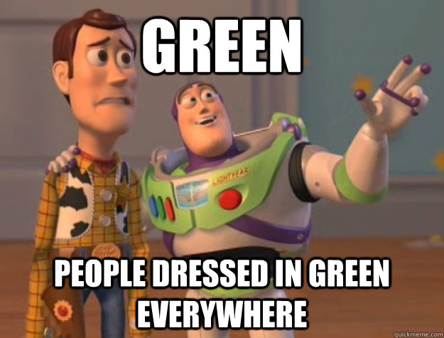 Green people dressed in green everywhere  Buzz Lightyear