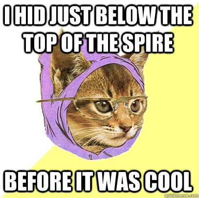 I hid just below the top of the spire before it was cool  Hipster Kitty