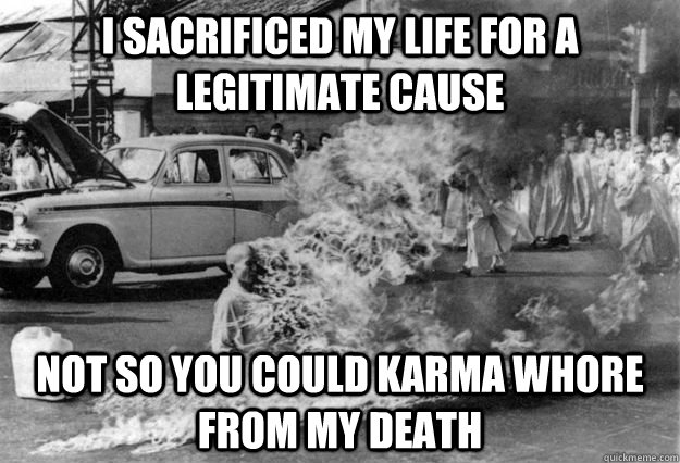 I sacrificed my life for a legitimate cause not so you could karma whore from my death  Unimpressed Monk