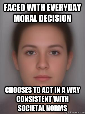 Faced with Everyday Moral Decision Chooses to act in a way consistent with societal norms - Faced with Everyday Moral Decision Chooses to act in a way consistent with societal norms  Good Guy Aggregate Humanity
