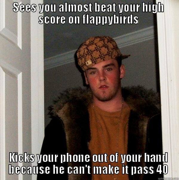 scumbag friend - SEES YOU ALMOST BEAT YOUR HIGH SCORE ON FLAPPYBIRDS KICKS YOUR PHONE OUT OF YOUR HAND BECAUSE HE CAN'T MAKE IT PASS 40 Scumbag Steve
