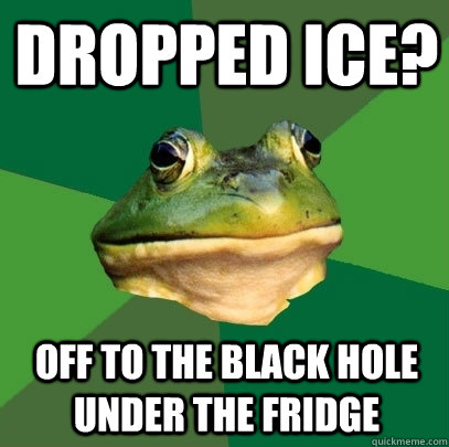 dropped ice? off to the black hole under the fridge   Foul Bachelor Frog
