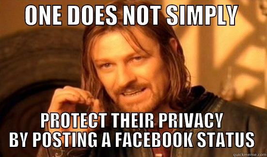      ONE DOES NOT SIMPLY       PROTECT THEIR PRIVACY BY POSTING A FACEBOOK STATUS Boromir
