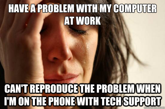 Have a problem with my computer at work Can't reproduce the problem when I'm on the phone with tech support  First World Problems