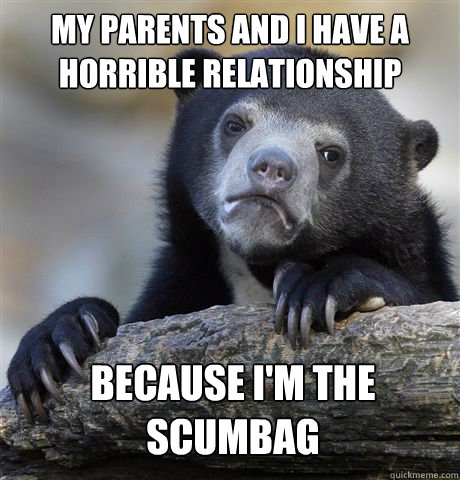My parents and I have a horrible relationship Because i'm the scumbag  Confession Bear