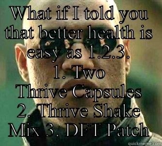 WHAT IF I TOLD YOU THAT BETTER HEALTH IS EASY AS 1.2.3. 1. TWO THRIVE CAPSULES 2. THRIVE SHAKE MIX 3. DFT PATCH Matrix Morpheus