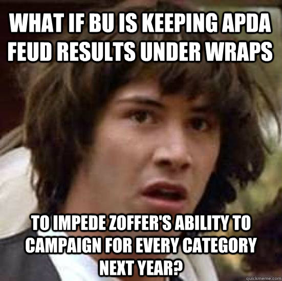 What if BU is keeping APDA Feud results under wraps to impede Zoffer's ability to campaign for every category next year?  - What if BU is keeping APDA Feud results under wraps to impede Zoffer's ability to campaign for every category next year?   conspiracy keanu