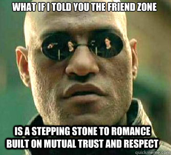 what if i told you the friend zone is a stepping stone to romance built on mutual trust and respect  Matrix Morpheus