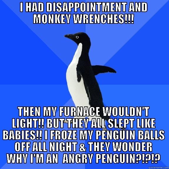 I HAD DISAPPOINTMENT AND MONKEY WRENCHES!!! THEN MY FURNACE WOULDN'T LIGHT!! BUT THEY ALL SLEPT LIKE BABIES!! I FROZE MY PENGUIN BALLS OFF ALL NIGHT & THEY WONDER WHY I'M AN  ANGRY PENGUIN?!?!? Socially Awkward Penguin